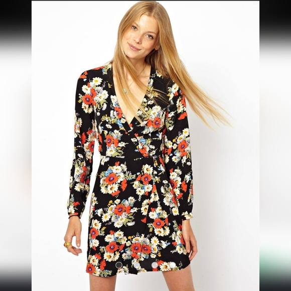 ASOS Floral Wrap Mini Dress Long-sleeve Sz 14 Viscose Tie Bow Black Tulip Skirt - Picture 1 of 8